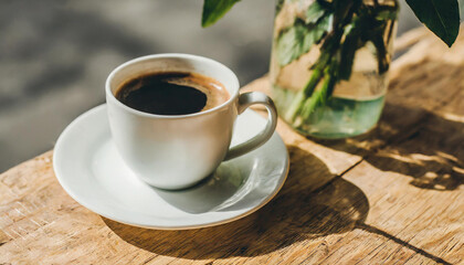 Fototapeta premium Coffee cup on wooden table in morning light