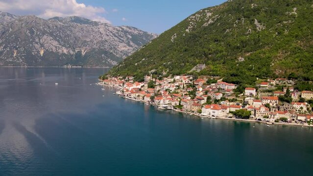 Aerial City Perast Montenegro - Old Medieval Town On The Coast Of Boka Kotor Bay.