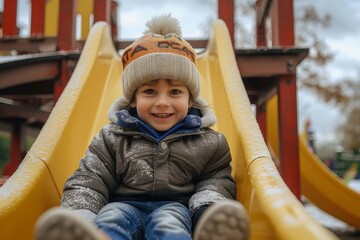 A joyful toddler in warm winter clothing smiles brightly as he slides down a playground slide, his young face filled with pure delight - obrazy, fototapety, plakaty