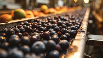 Fototapeta premium conveyor belt process, emphasizing the orderly design of the system, the variety of fruits, and the symbolic representation of production efficiency, focusing on luscious