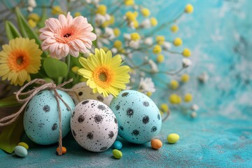 A vibrant easter display of colorful flowers and intricately decorated eggs creates a lively atmosphere of growth and new beginnings