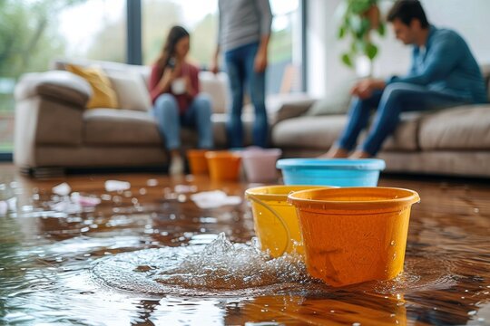 A person sits indoors, drenched in water, surrounded by buckets overflowing with splashes, while others drink coffee from cups, their clothing clinging to their bodies