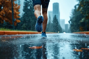 A solitary figure braves the elements, their shoes splashing through the rain-soaked street as they race towards the shelter of a nearby tree, the grey sky looming above and reflecting in the shimmer - Powered by Adobe