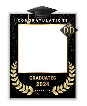 Congratulations graduates class of 2024 photo booth prop. Graduation photo frame design template for selfie , print, party, invitation. Black and gold Flat style vector illustration for grad ceremony.