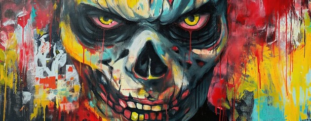 Fototapeta premium painting style illustration of punk zombie abstract face graffiti style, color splash and grungy dirty stain, Generative Ai 