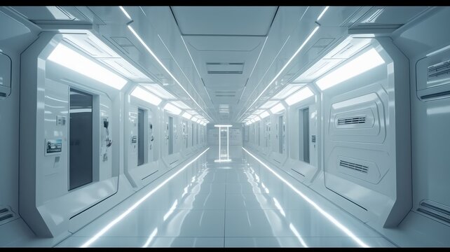 futuristic bright indoor corridor with luminous white laser beam effect