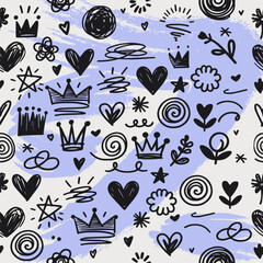 Seamless pattern scribbles star, heart, crown, flower