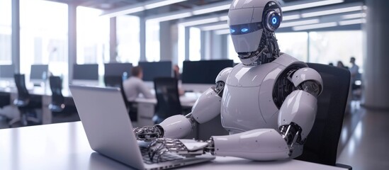 Robot humanoid use laptop working in office with future technology. AI generated