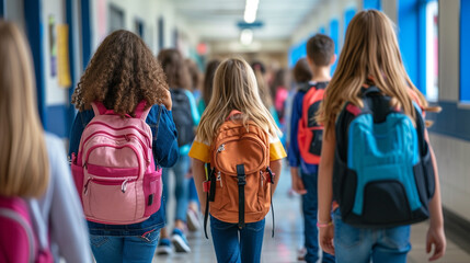 school students walk down the school corridor together