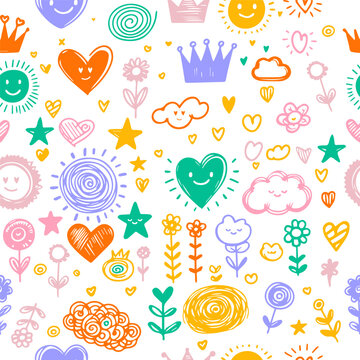 Seamless colorful pattern hand drawn kawaii scribbles star, heart, crown, flower