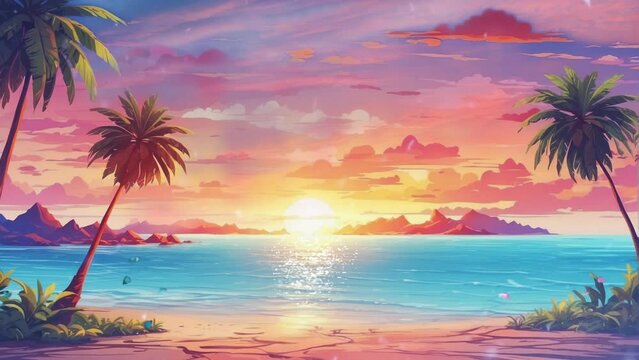 tropical sunset or sunrise with palm trees, beach and water.sunset or sunrise on the beach. Cartoon or anime illustration style. seamless looping 4K time-lapse virtual video animation background.