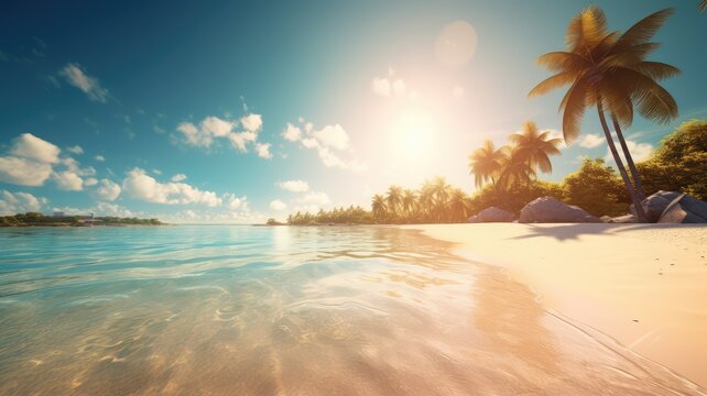 beautiful and natural summer beach with palm tree wallpaper