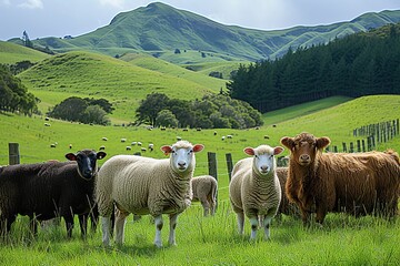 A serene landscape of green meadows and majestic mountains serves as the backdrop for a herd of content sheep grazing peacefully in a rural field, their fluffy coats blending in with the surrounding 