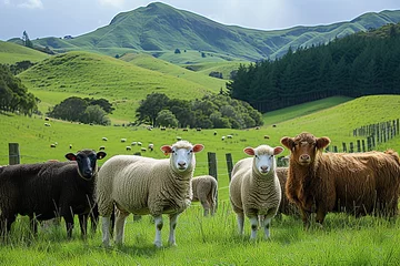 Printed kitchen splashbacks Meadow, Swamp A serene landscape of green meadows and majestic mountains serves as the backdrop for a herd of content sheep grazing peacefully in a rural field, their fluffy coats blending in with the surrounding 