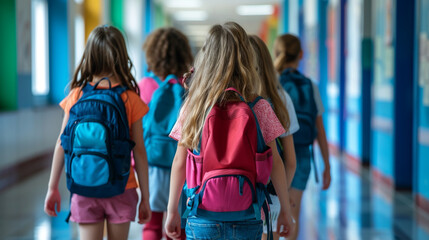 school students walk down the school corridor together