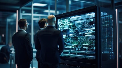 Obraz premium IT specialists confer at a meeting and discuss news in the computer industry