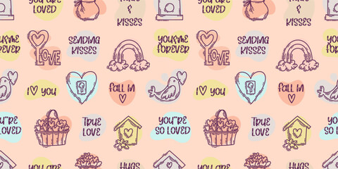 The love theme doodle style color seamless pattern, Valentines Day hand-drawn icons with a simple engraving retro effect. Romantic mood, cute symbols and elements backgrounds collection.