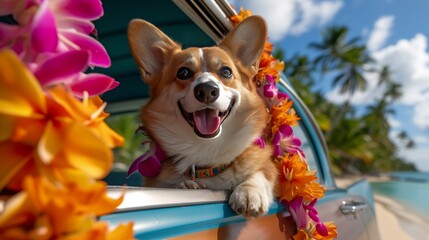 Saturated photo of a corgi in a flower lei, looking out of a classic car's window, parked beside a field of tropical flowers, 