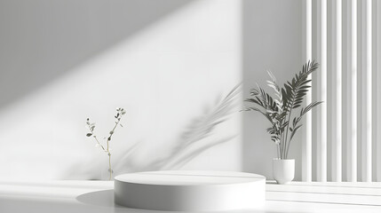 clean white podium with potted plants, minimalist podium design background