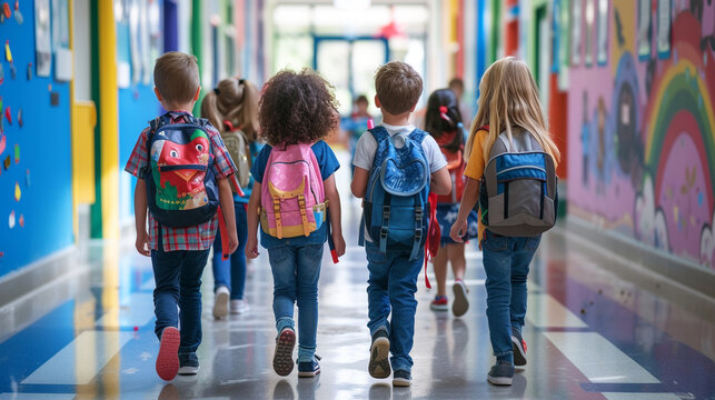 school students walk down the school corridor together - Powered by Adobe