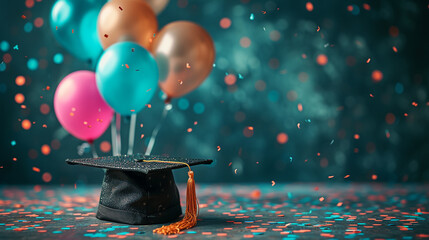 Graduation party background with graduation hat and air balloons - 728506085