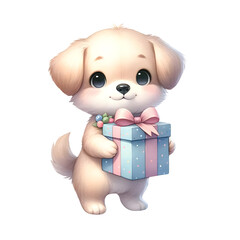 Cute pastel watercolor animal character holding gift or present for birthday party clipart of dog