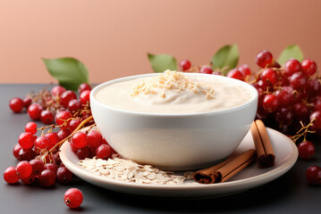 Oatmeal porridge in a white bowl with berries