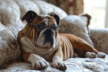 Stylish dog in glasses comfortably seated on a chair, engrossed in reading a newspaper like a human