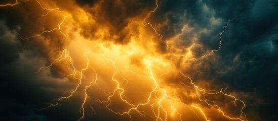 Yellow Lightning strike on the dark cloudy sky landscape. AI generated image