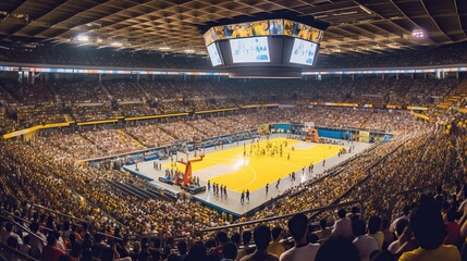 A professional basketball arena lit up by spotlights and cheering fans. High angle view