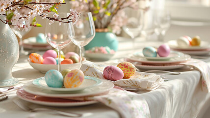 Easter eggs in a decorative festive table setting with spring flowers and beautiful dishes - Powered by Adobe