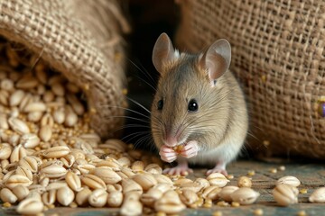 A tiny rodent, resembling a packrat, delicately nibbles on seeds from a sack of grains, its soft...