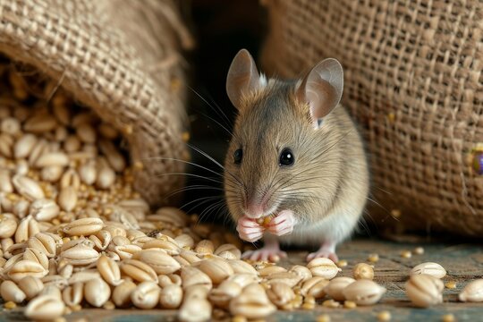 A tiny rodent, resembling a packrat, delicately nibbles on seeds from a sack of grains, its soft fur and curious gaze reminding us of the diversity of the muroidea family, from playful hamsters to fi