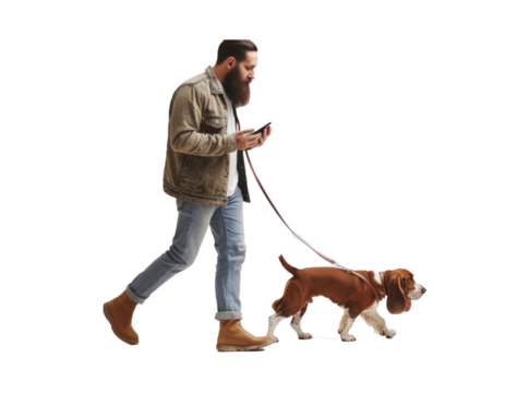 Full length profile shot of a bearded guy using a mobile phone and walking a basset hound dog