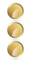 Three Gold Circle shape buttons design in vector, 3 circles premium vector circle button, luxury button, elegant style icon, symbols, and on isolated white. Vector illustration