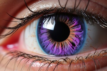 Eye with an iris and pupil of an unusual color,retaining its texture and unique shape,colored lenses - obrazy, fototapety, plakaty