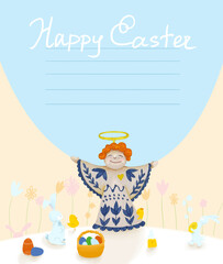 Easter greeting card with a little ginger angel and rabbits. The place for your text. Floral background. Happy bunnies and chickens. Egg hunt party concept. Flat lay. Trendy typography design.