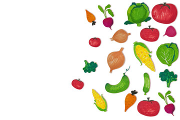 Vegetables colorful set background. Illustration with copy space for advert of healthy food, local markets, and cooking courses. Top view. Organic food. Ethical Consumerism.