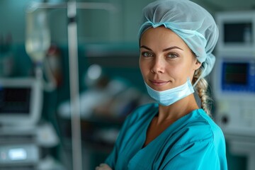 A determined female surgeon donning scrubs and a surgical cap stands in a hospital room filled with medical equipment, ready to perform a life-saving procedure on her patient with precision and care