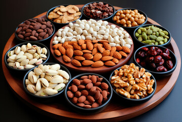 Assorted nuts in bowls. Raw products: pecans, hazelnuts, walnuts, pistachios, almonds, macadamia, cashews, peanuts and others