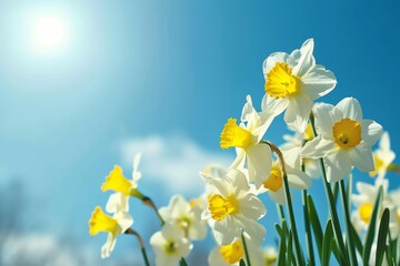 Vibrant daffodils bask in the warm spring sun, their sunny petals dancing against the blue sky, embodying the beauty of nature in full bloom