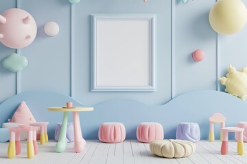 Blank Mockup Frame in Tender Baby Nursery Interior, Empty Space,Adorable Baby Room Mockup, Empty Frame