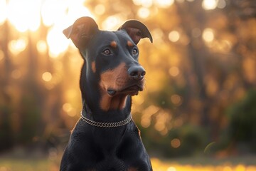 A stoic doberman stands outdoors, its snout pointed skyward as it bears the weight of a heavy chain around its neck, a reminder of its domesticated existence