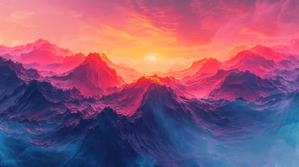 Rolgordijnen Picture a vibrant sunrise over a digital landscape of indigo mountains and tangerine skies, an abstract portrayal of dawn's first light, painting the world with a warm glow.  © Adnan Bukhari
