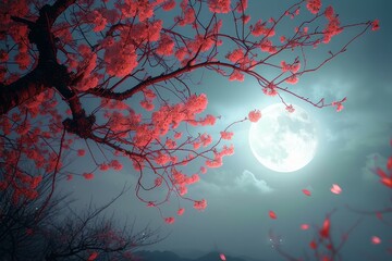 A majestic tree adorned with vibrant pink flowers stands tall under the glowing full moon in the serene outdoor landscape