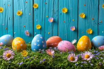 Vibrant spheres of easter eggs rest upon a bed of lush grass and delicate flowers, bringing a burst of color to the outdoor scene