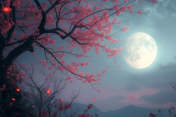 A mystical tree stands tall, adorned with delicate pink flowers, as the radiant moonlight casts a dreamy glow over the serene outdoor landscape