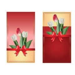 Women's day flowers bouquet with red bow postcard. Greeting card with tulip flowers