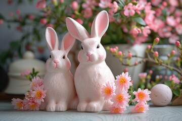 Obraz premium Two fluffy friends, adorned with delicate pink blooms, bring the joys of spring inside for a cozy easter celebration