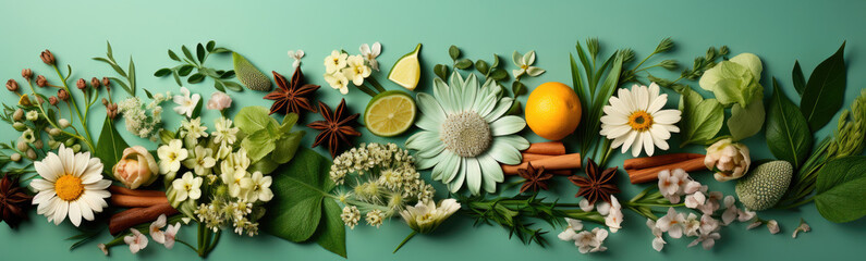 Flat lay composition from fresh medicinal herbs, lemon on green background. Alternative medicine concept